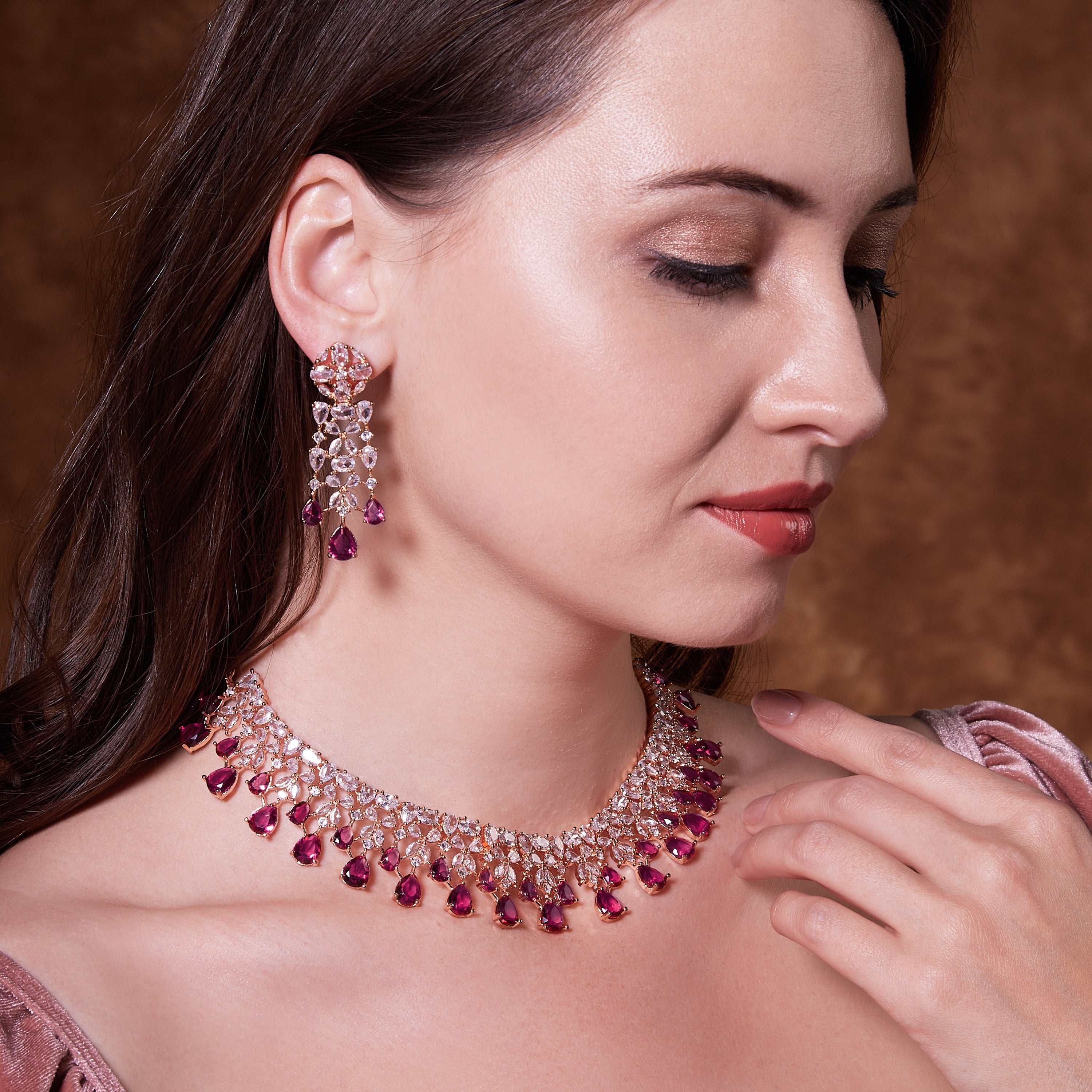 Rose Gold Zircon CZ Stone - Ruby Elegance necklace set-Mivanaa